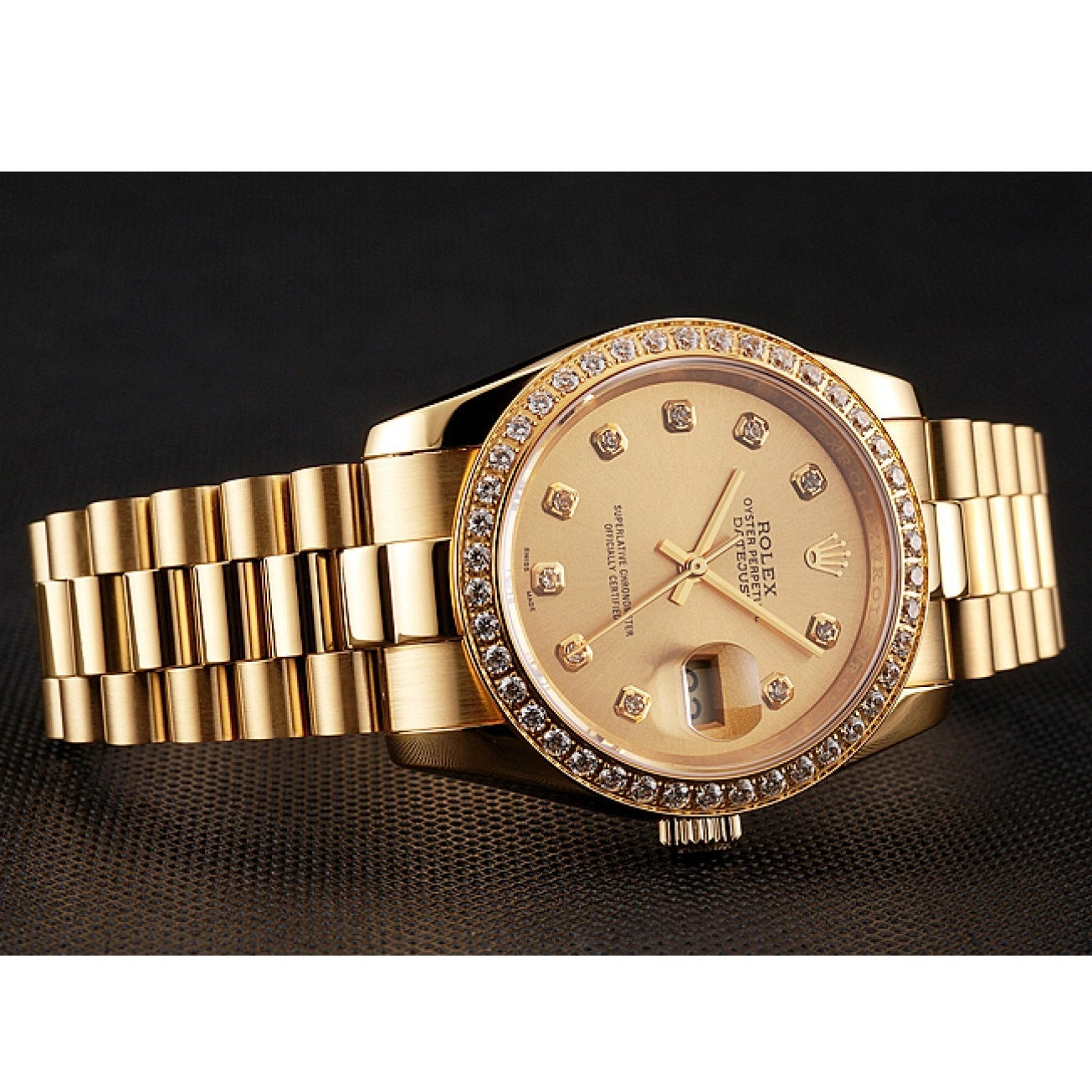 Aaa replica watch Champagne Bezel Bracelet Swiss Rolex Gold 1454097 Datejust Diamond Dial 0710